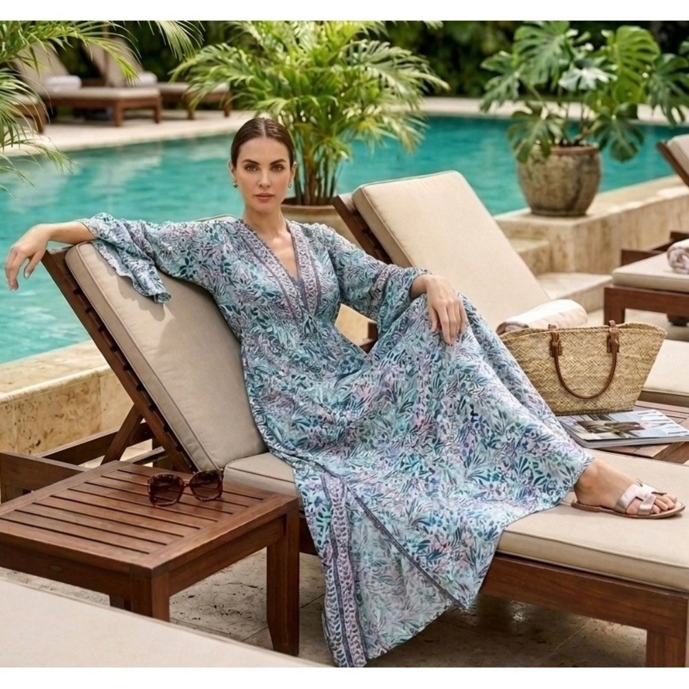 Wevez 100% Silk Teal Floral‎ Bell Sleeve Boho Chic Maxi Dress Resort Side Slit S